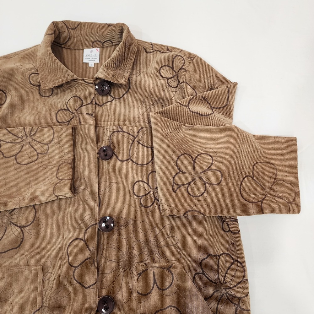 EUC Large Womens Corduroy Jacket Brown Floral Boho Cozy Fall Vintage Y2K